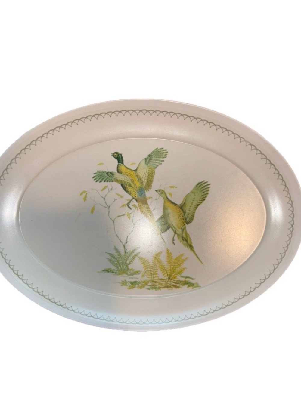 Vintage Oval Serving Platter Pheasants with Ferns Scallop Edge 15x22